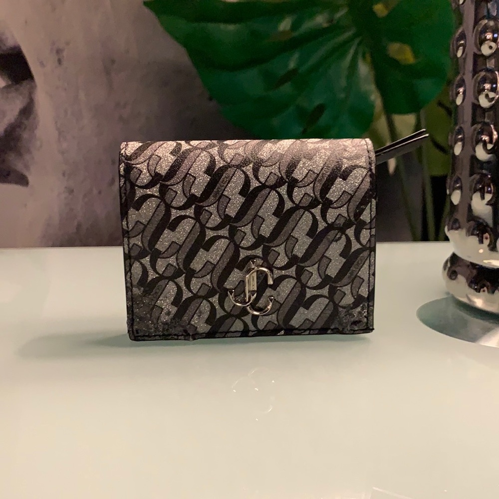 💎✨Authentic JIMMY CHOO Silver Black Hanne RJC Glitter Leather Bifold Wallet 💎✨